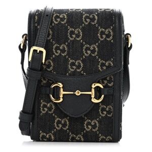 GUCCI Jacquard Black Denim GG Monogram Calfskin Horsebit 1955 Crossbody Bag